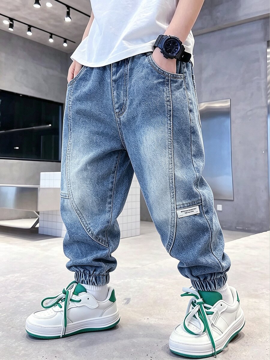 Handsome Boy Bold Color-Block All-Over Monkey Print Personality School Spirit Jogger Pants - Dark Wash - View 1