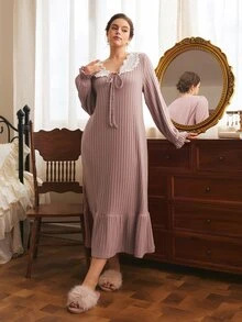 Côtesoire Gaun Tidur Wanita Ukuran Besar Motif Patchwork Blok Warna dengan Hiasan Rumbai dan Tali Depan, Lengan Panjang, dan Bergaris - Dusty Pink - View 3