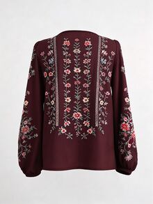 SHEIN 波希米亞復古休閒外出圓領花卉圖案襯衫 - 酒紅色 - 查看 4