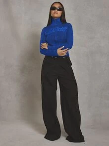 MUSERA Contrast Rib Slogan High Neck Zip Through Cardigan Winter Fall Autumn Cute Casual - Blue - View 5