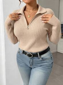 INAWLY Women's Plus Size New French Style Zipper Front Dropped Shoulder Textured Fabric T-Shirt, Winter Casual Spring Top - Apricot - View 6