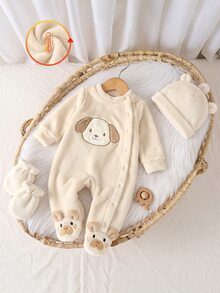 SHEIN 新生兒毛絨開襟連腳睡衣，對比色貼布小狗刺繡，柔軟厚實抓絨居家服，適合冬季 - 杏色 - 查看 3