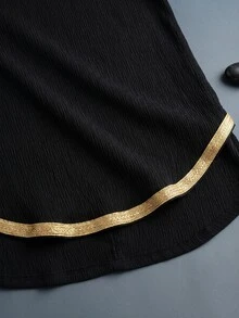 INAWLY Spring Summer Autumn Black Pleated Textured Fabric Plus Size Dress, Deep V-Neck Gold Trim Loose Vacation Style Dress, Luxury Bohemian Style Front Short Back Long Dress For Women - Black - View 3