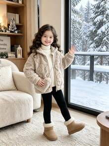 Elladie kids 女童舒適保暖毛絨外套，愛心圖案設計，附可愛心形斜挎包，適合秋冬穿著 - 杏色 - 查看 4