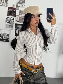 StreetHx Women's Street Vintage Fitted Cotton-Feel Striped Shirt - White - View 2
