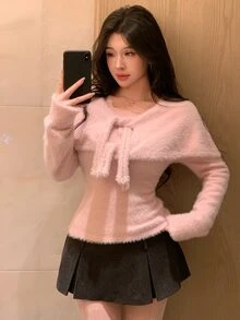 DAZY Pink V-Neck Tie Bow Fuzzy Fitted Long Sleeve Sweet Cute Girly Style Knitted Sweater - Pink - View 6
