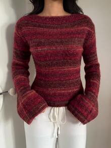 Aloruh Women's Striped Casual Versatile Daily Long Sleeve Sweater - Burgundy - View 1