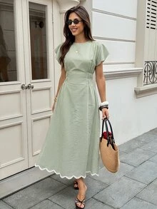 Serisse 女款格紋圓領荷葉邊短袖優雅長洋裝 - 彩色 - 查看 6