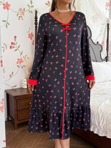 CottageSlumber Cherry Print Long Sleeve Plus Size Nightgown, V-Neck Chinese Style Frog Button Design Loungewear - Multicolor - View 3
