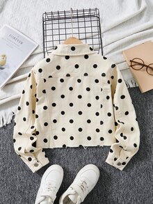 SHEIN TWEEN GIRLS 青少年女孩波點牛仔夾克，四季休閒可愛復古風，白色底黑波點配色，滿版波點印花，翻領單排扣，毛邊下擺，雙胸袋，短版寬鬆版型，舒適柔軟棉質牛仔面料，春/秋熱銷款 - 白色 - 查看 2
