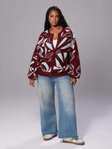 Rustia Plus Size Women's Geometric Pattern Drop Shoulder Long Sleeve Single-Breasted Casual Knit Cardigan Winter - Multicolor - View 3