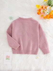 SHEIN 女童針織刺繡拼色立領休閒秋季開襟衫 - 藕粉色 - 查看 2