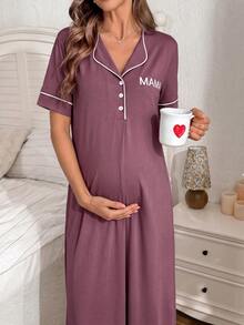 Moonlight&Mama Solid Color Comfortable Fabric Letter Print MAMA Front Pocket Button-Up Short Sleeve Maternity Long Dress Nightgown - Red Violet - View 3