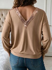 Weeklong Plus Size Women's Champagne Sequin Double Brushed Wool V-Neck Long Sleeve Sweatshirt - Khaki - View 2