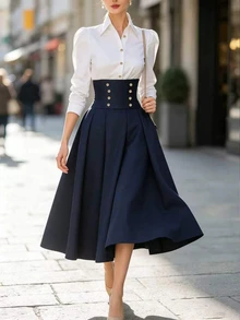 SHEIN Women's Fall Winter Color Block Midi Dress Collared Puff Long Sleeve Corset Gold Button Pleated A Line Elegant Office Dress - Navy Blue - View 4