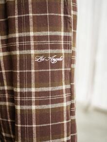 SWAVVY Men's Plaid Drawstring Waist Wide Leg Loose Fit Long Pants - Coffee Brown - View 2