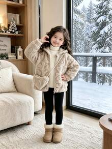 Elladie kids 女童舒適保暖毛絨外套，愛心圖案設計，附可愛心形斜挎包，適合秋冬穿著 - 杏色 - 查看 5