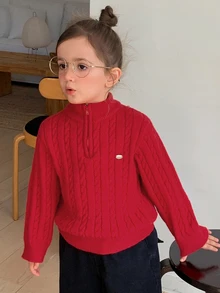 Hapijoa Sweater Rajut Kasual Lengan Panjang Setengah Resleting untuk Anak Perempuan - Burgundy - View 3