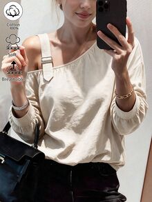 Weeklong 女款大尺碼秋冬休閒不對稱肩長袖棉感寬鬆襯衫 - 杏色 - 查看 6