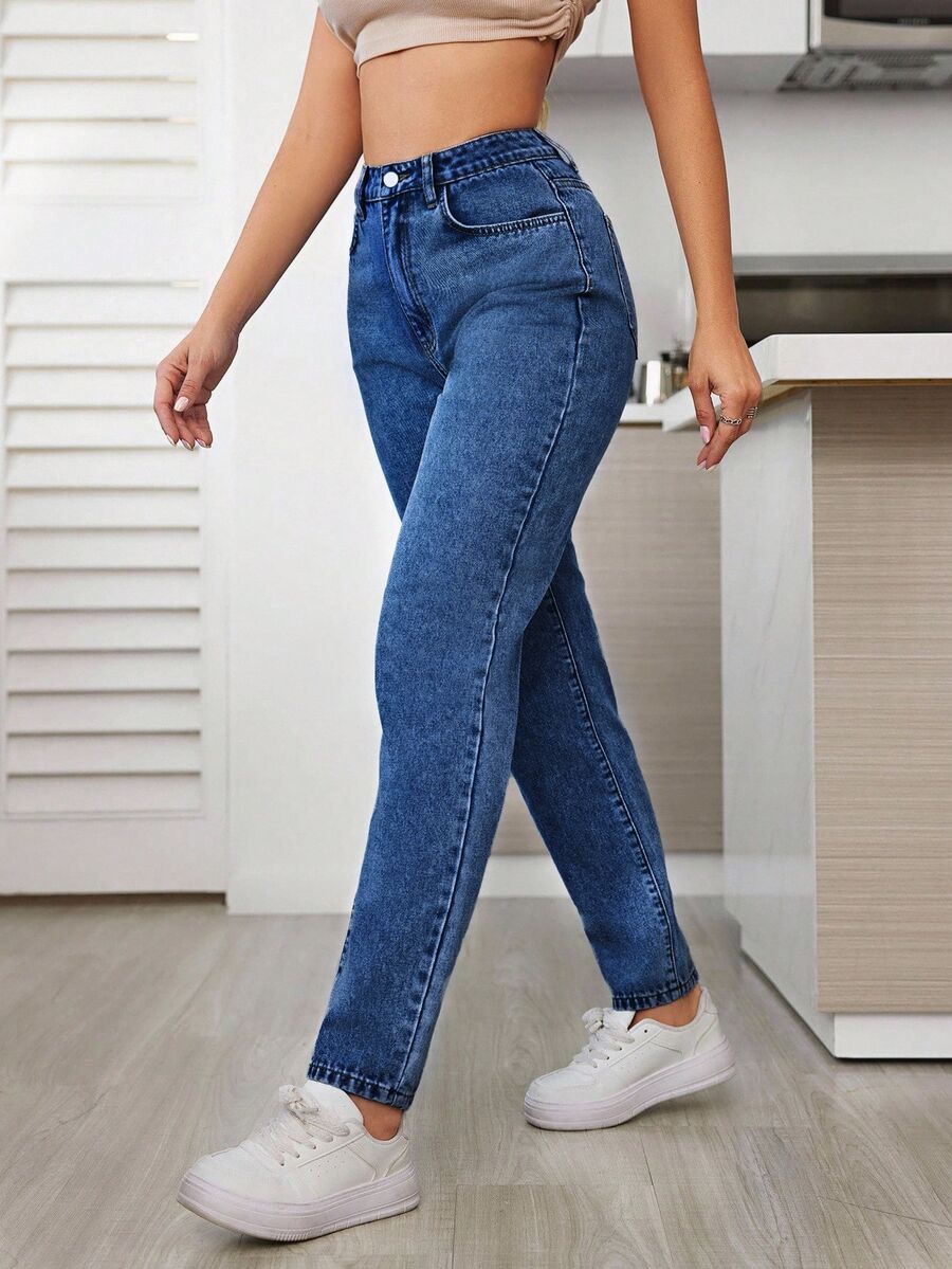 SHEIN Tall 女款高腰口袋修身休閒百搭牛仔褲 - 中等水洗藍 - 查看 1