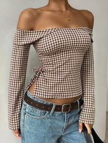 Easura Atmospheric Off-Shoulder Side Slit Plaid Women's Commuter Elegant Daily Avant-Garde Blouse - Multicolor - View 4