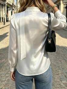 Cévolie Women's Solid Color Choker V-Neck Contrast Lace Long Sleeve Elegant Blouse Office Off White Fall - White - View 2