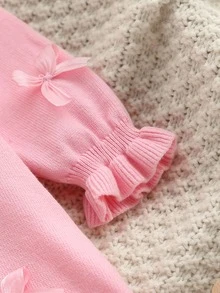 SHEIN Baby Girls Sweater Dress, Bow Lace Trim Round Neck Long‑Sleeve Dress - Baby Pink - View 3