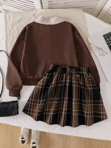 SHEIN 女童時尚寬鬆休閒翻領上衣 2合1設計 + 條紋格紋百搭裙，學院風 - 棕色 - 查看 2
