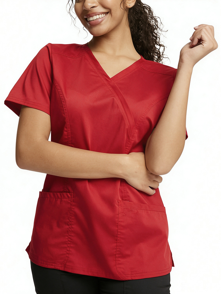 TaskEZ Women's Spring/Summer Black 3 Pocket Small Wrap Top With Princess Seam On Back Scrub Uniform Top Comfortable Stylish Fashion Uniform Scrub - Red - View 10