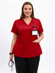 TaskEZ Plus Size Women's Nurse Scrub Uniform Top Black Renaissance Work Clothes Multi Pocket Short Sleeve V Neck Micro Stretch Jogging Wear Beautician Top - Red - View 6