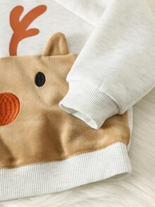 SHEIN 2件組嬰兒男孩女孩適用卡通鹿圖案拼色圓領長袖套頭運動衫＋彈性腰長褲，適合聖誕節 - 彩色 - 查看 5