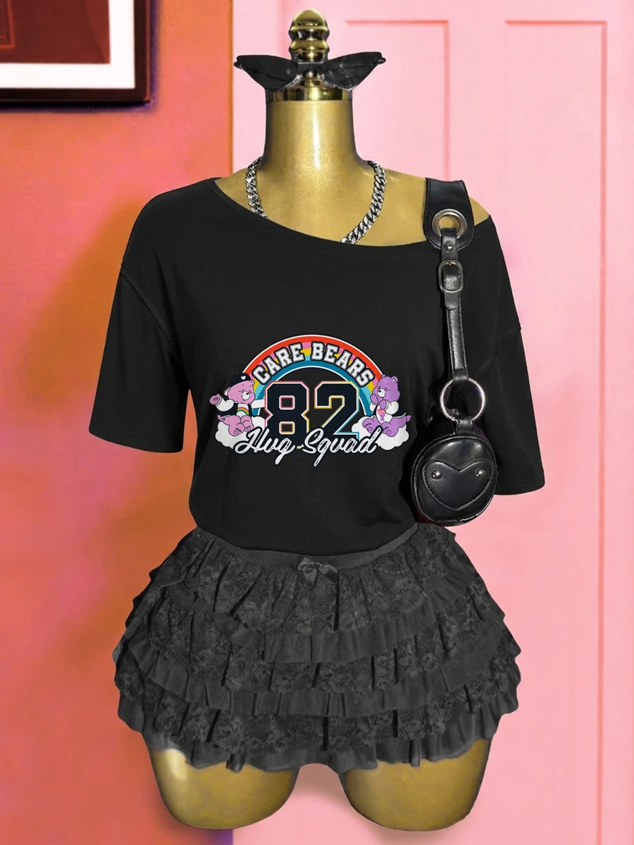 Slaydiva SHEIN X Care Bears Women's Cartoon Print Asymmetrical Shoulder T-Shirt For Beach Vacation - Black - View 1