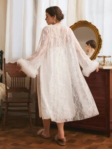Côtesoire Plus Size Women's Lace Long Sleeve Robe And Camisole Nightgown Elegant Sleepwear Set - White - View 2
