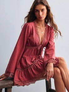 Willow Rêve Women's Woven Red-Brown V-Neck Mini Dress - Redwood - View 7