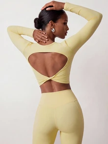 Zivah Women's Long Sleeve Minimalist Top And Criss-Cross Waist Pants Sports Set - Yellow - View 3