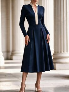 SHEIN Franclia Navy Blue Colorblock Notch V-Neck Long Sleeve Elegant Waist-Cinching Dress - Navy Blue - View 4