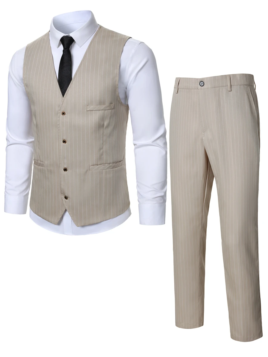 Manfinity Mode Men's Fashion Striped Suit Set With Vest And Pants - Khaki - View 1