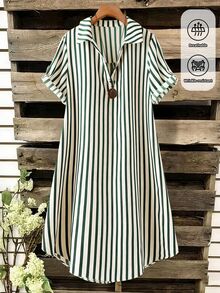 SHEIN Tall CURVE 大尺碼女款法式休閒夏季短袖V領長版洋裝 - 墨綠色 - 查看 5