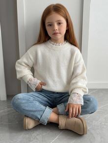 Hapijoa Sweater Nyaman Motif Renda Manis untuk Anak Perempuan Remaja, Cocok untuk Pemakaian Sehari-hari - Krem - View 6