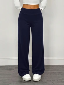 SHEIN PETITE 2pcs Women's Casual Minimalist High Waist Folded Wide Leg Straight Long Pants Suitable For Summer - Multicolor - View 2