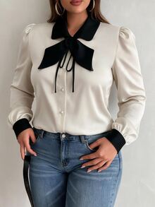 Cravure Plus Size Women's Autumn/Winter Contrast Collar Contrast Bowknot Tie-Up Elegant Commute Daily Blouse - Multicolor - View 4