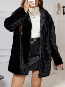 Reflora Áo khoác hoodie lông xù thời trang tay dài có khóa kéo size lớn - màu đen - Xem 4