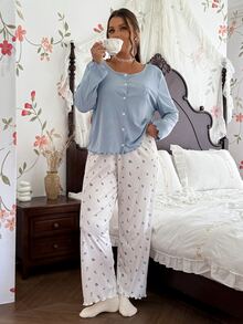 CottageSlumber Romantic Small Ditsy Floral Fine Ribbed Open Front LOVE Letter Embroidery Plus Size Long Sleeve Pajama Set - Blue - View 8