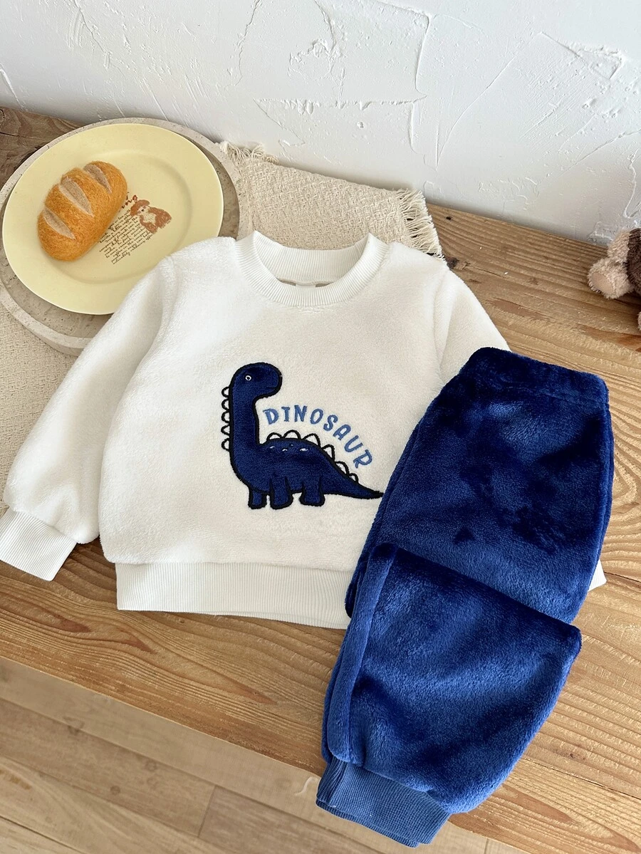 SHEIN Vintaside Kids 2件組幼兒男童衛衣長褲套裝,可愛白色藍色恐龍刺繡,毛絨絨長袖圓領加厚,冬季派對度假裝備 - 藏蓝色 - 查看 1
