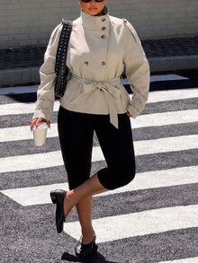 Muchica Plus Size Women Solid Color Waist Tie Casual Versatile Trench Coat Jacket - Khaki - View 6