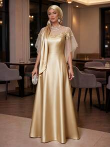 Auveirra Plus Size Women's Elegant Contrast Mesh Applique Dress - Gold - View 7
