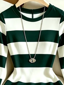 SHEIN Franclia 女款圓領條紋鈕扣長袖修身連身短褲 夏季套裝 度假穿搭 六月節慶 美國日 海灘穿搭 畢業外出穿搭 - 綠色 - 查看 3