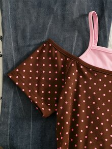 SHEIN Tween女孩時尚休閒2合1街頭風T恤，打造時尚單品，假日穿搭 - 棕色 - 查看 6