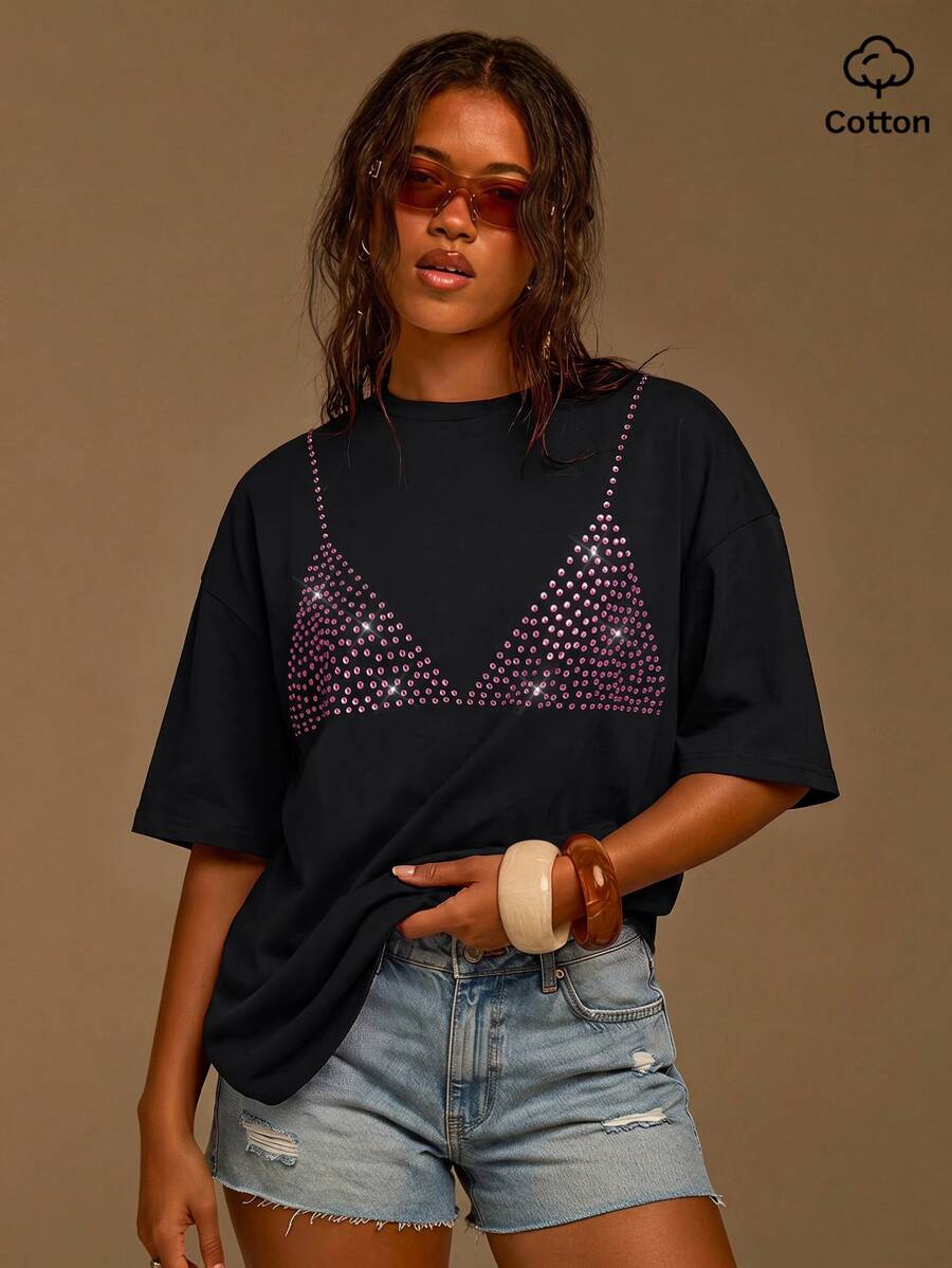 Athîral Women's Oversized Black Tee,Rhinestone Embellished,Crew Neck,Bikini Motif,Summer,Statement Dressing,Edgy Glam,Vacation Daily Night Out,T-Shirt - Black - View 1
