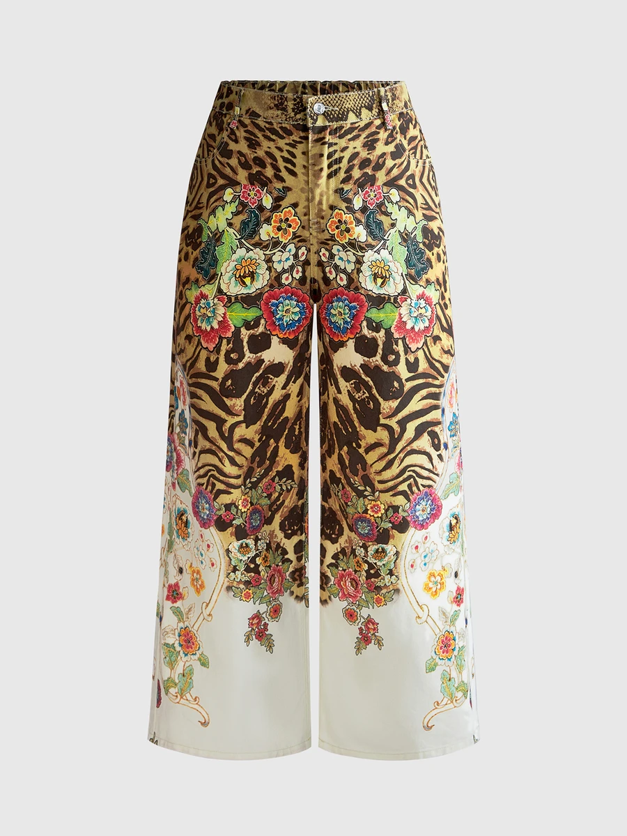 ROMWE Grunge Punk Plus Size Vintage Leopard & Floral Print Y2K Fitted Denim Wide Leg Pants - Multicolor - View 1